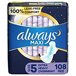 Always Maxi Feminine Pads with Wings for Women, Size 5, Extra Heavy Overnight, Unscented, 36 Count - Pack of 3 (108 Count Total)