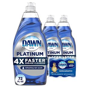 Dawn Platinum Dishwashing Liquid Dish Soap - 24 Fl Oz (Pack of 3) + Non-Scratch Sponge (2 Count), Refreshing Rain