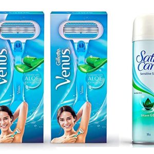 Gillette Razor Venus Hair Removal Razor for Women 2 Units with Gillette Satin Care Sensitive Skin Pre Shave Gel with Aloe Vera - 195 g